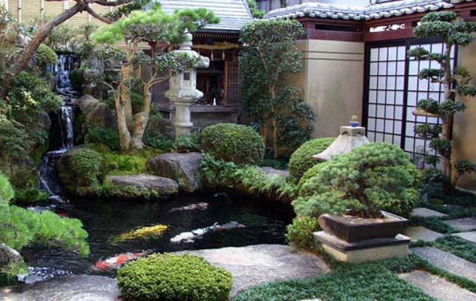 Japanese garden with koi pond full size