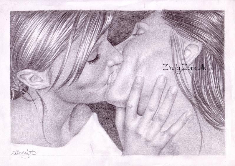 Two girls kissing anime drawing full size