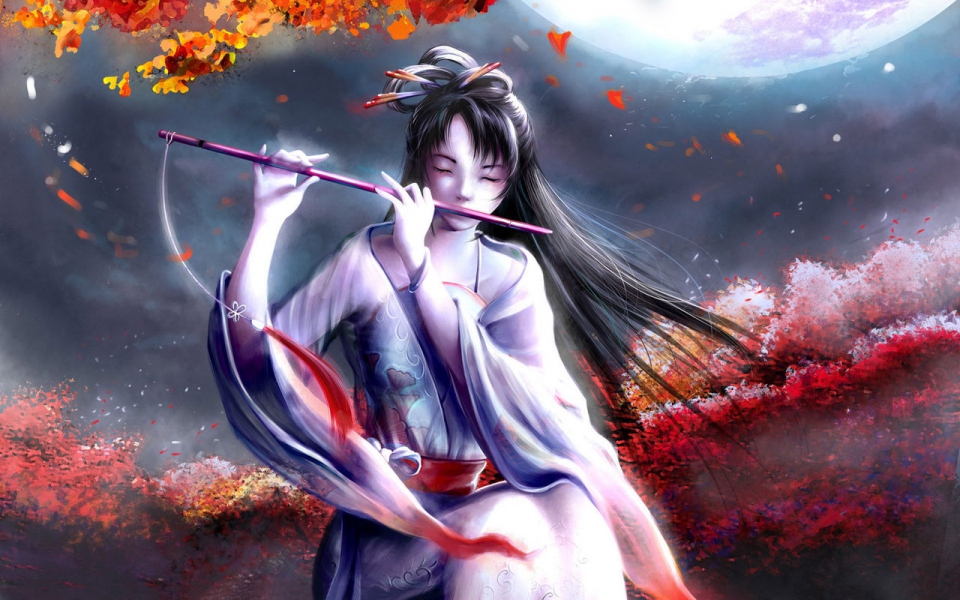 Anime girl playing flute full size