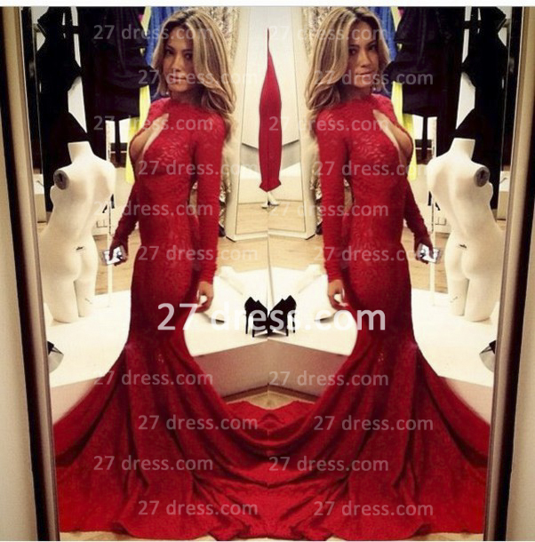 Red long sleeve lace mermaid prom dress full size